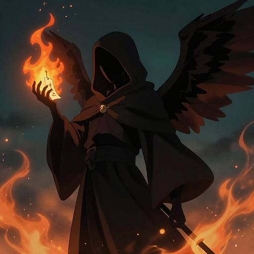 Mysterious black-winged figure in hooded cloak holds glowing fire in hand, surrounded by orange flames against dark, cloudy sky. Digital art.