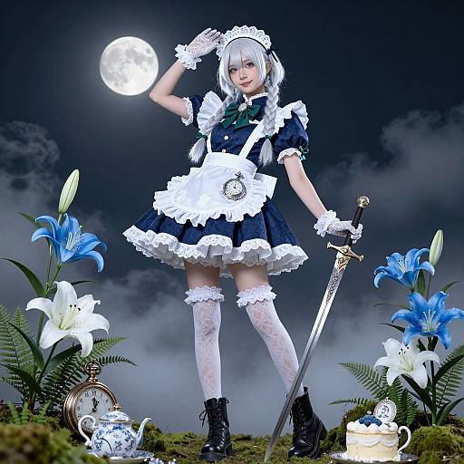 Digital artwork of a silver-haired anime girl in a navy and white maid outfit, holding a moon, with a sword, clock, lilies, and