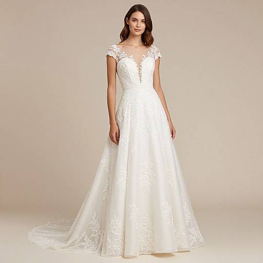 Photograph of a young woman with dark brown hair, wearing a white lace, V-neck, short-sleeved wedding gown with a long train,