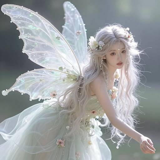 Photorealistic digital art of a delicate, ethereal fairy with long, silver hair, translucent wings, and a floral, light green dress, glowing