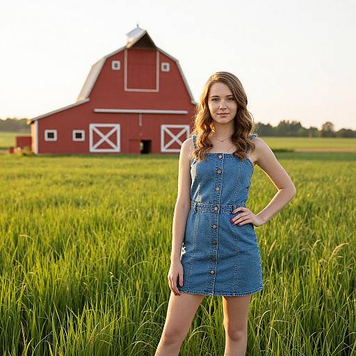 Photograph of a smiling young woman with wavy brown hair, wearing a blue denim dress, standing in a lush green field in front of a red