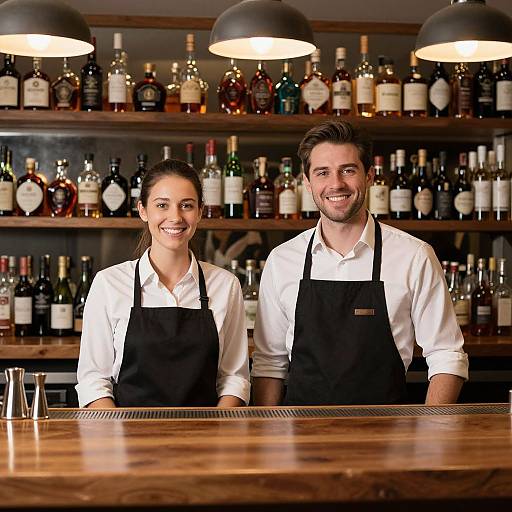 Friendly Bartenders Behind Polished Bar