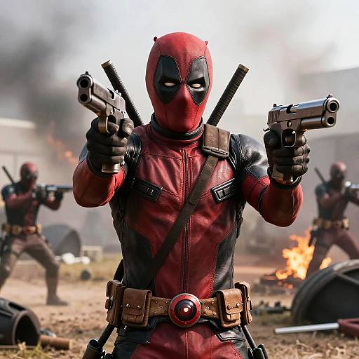 Photograph of Deadpool in red and black suit, dual-wielding pistols, standing amidst a fiery, war-torn battlefield with blurred teammates.