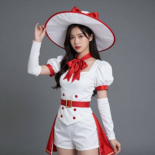 Photograph of an Asian woman in a white and red cosplay outfit with a wide-brimmed hat, red bow, and belt, posing against a