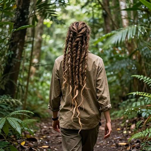 Photograph of a person with long, blonde-tipped dreadlocks, wearing a beige long-sleeve shirt and khaki pants, walking away on