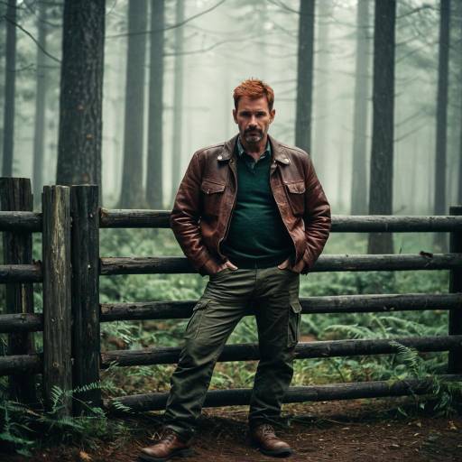 Man in Leather Jacket Leaning on Wooden Fence in Foggy Forest