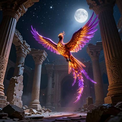 Digital artwork of a vibrant phoenix with orange and purple feathers, soaring between ancient, ornate columns under a full moonlit sky.