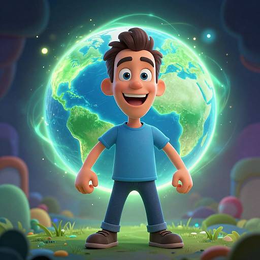 Cartoon boy with dark hair, blue shirt, and jeans stands confidently in front of glowing Earth, surrounded by colorful abstract shapes.