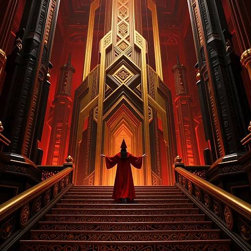 Digital artwork: Silhouetted figure in hooded robe, arms outstretched, stands on grand, glowing red and gold cathedral staircase with intricate