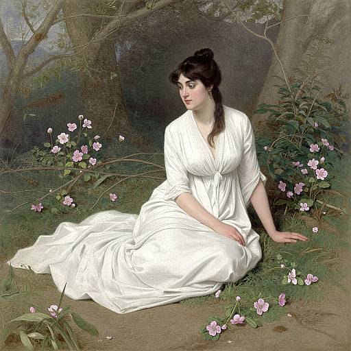Painting of a fair-skinned woman with dark hair, wearing a white, flowing dress, sitting amidst pink flowers in a forest.