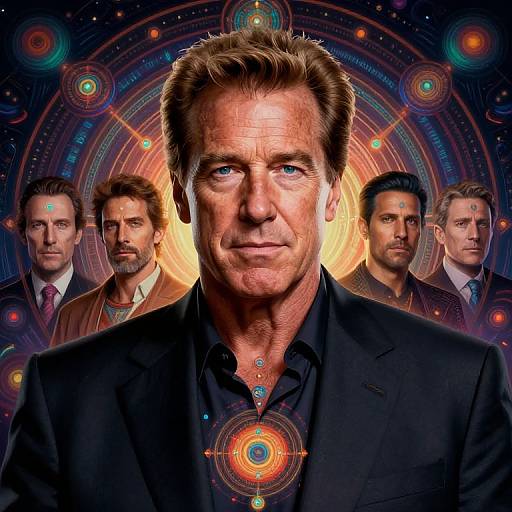 Photograph-style digital art of a stern, middle-aged man in a black suit, centered among five serious men, against a vibrant, circular, cosmic