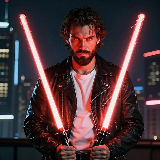 Photograph of a bearded man with messy hair, intense red eyes, holding glowing red lightsabers, wearing a black leather jacket, white shirt