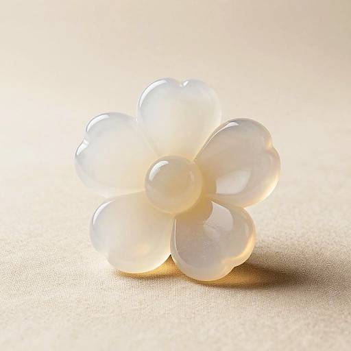 Photograph of a translucent, white, spherical cluster resembling a flower, casting a soft shadow on a light beige background.