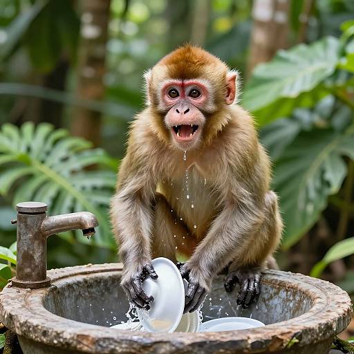 Photograph of a young monkey with reddish-brown fur and pink facial markings, splashing water in a rusty outdoor sink amidst lush green foliage.