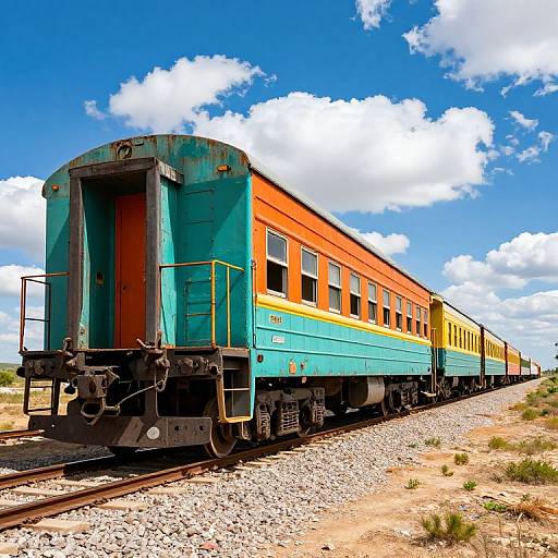 Colorful vintage train car with turquoise and orange exterior, yellow passenger cars, under a bright blue sky with fluffy clouds, on a gravel railway in a