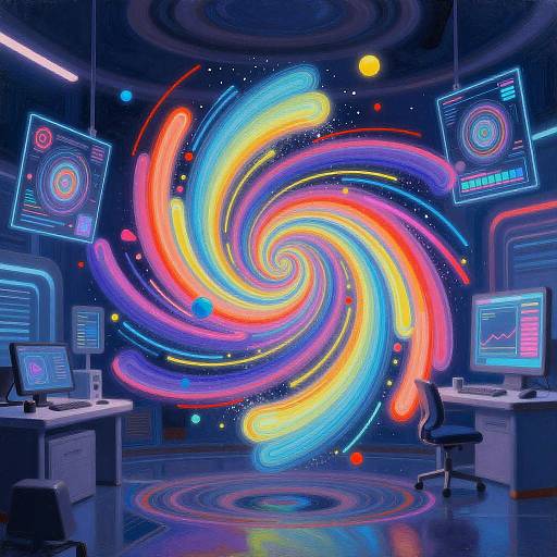 Neon-lit futuristic control room with swirling rainbow lights, multiple screens, and desks. Vibrant, digital art style with a galaxy-inspired background.