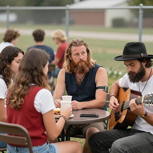 Group of Friends Enjoying Outdoor Gathering with Guitar