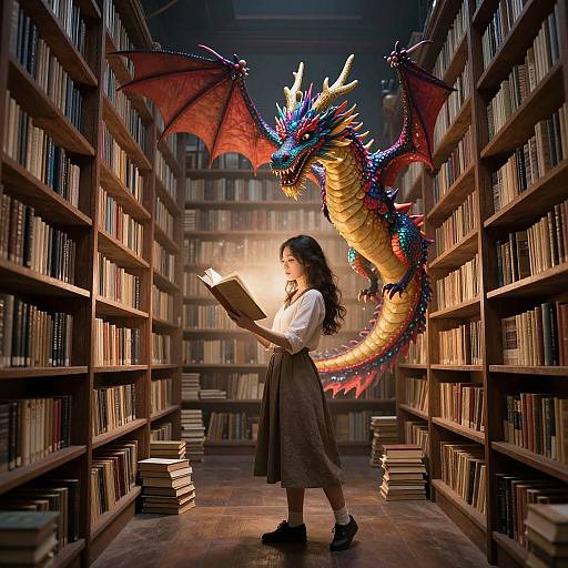 Photograph-like digital illustration: Young woman in white blouse and brown skirt, reading book in library aisle, with vibrant blue and gold dragon with red wings