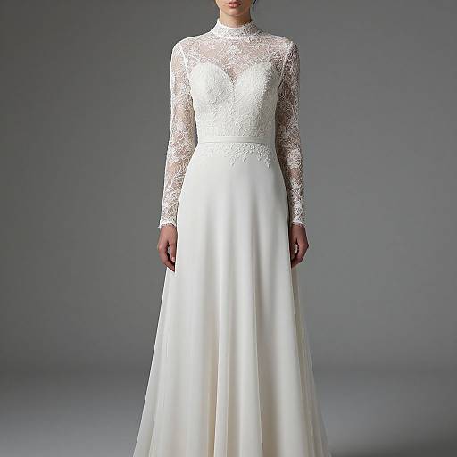 Photograph of a woman in an elegant white wedding dress with long lace sleeves and a high neckline, standing against a gray background.