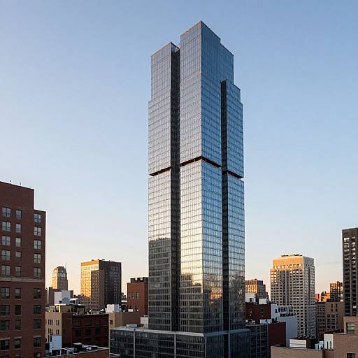 Photograph of a modern, twin-towered glass skyscraper with reflective blue-tinted windows, set against a clear, blue sky, surrounded by