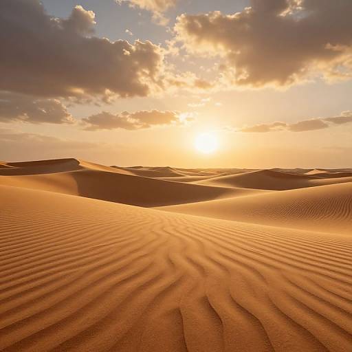 Photograph of a golden desert sunset with rippled sand dunes, casting intricate shadows. Sunlight illuminates the sky, with scattered clouds. Warm