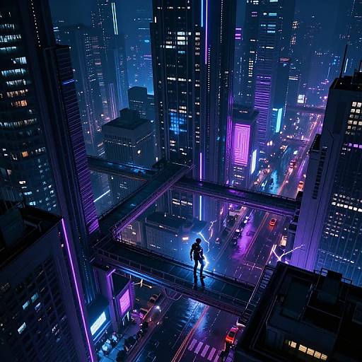 Neon-lit cyberpunk cityscape at night, seen from an elevated walkway. Silhouetted figure walks below, surrounded by glowing skys