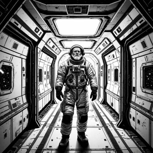 Elderly Astronaut in Abandoned Space Station Corridor