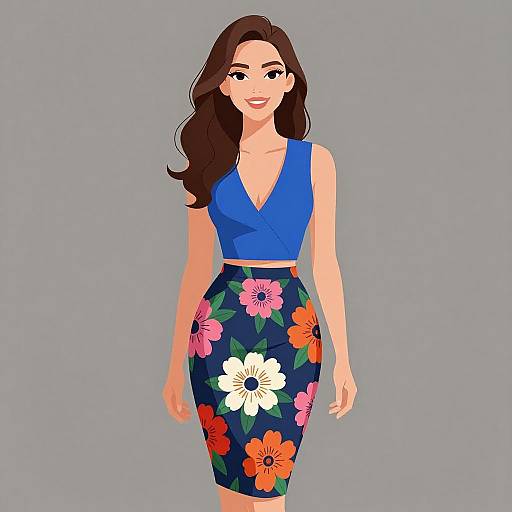 Digital illustration of a smiling woman with long brown hair, wearing a blue V-neck top and a navy floral pencil skirt.