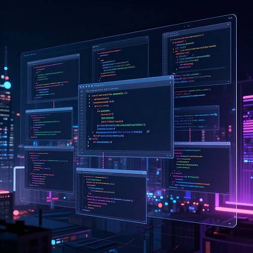 Digital artwork of glowing neon cityscape at night, featuring multiple translucent coding windows with colorful, illuminated code against a vibrant urban backdrop.