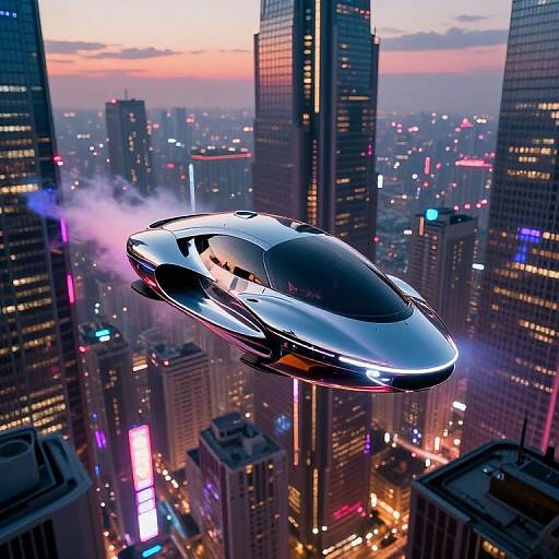 Photorealistic digital art: sleek, silver flying car with glowing edges, emitting purple smoke, soaring above a vibrant, neon-lit cityscape at