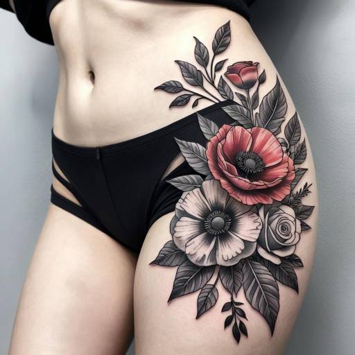 Floral thigh tattoo on woman