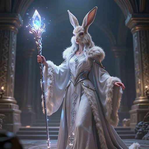 Fantasy CGI image of a white-furred, anthropomorphic rabbit mage in a fur-trimmed, white robe holding a glowing staff in an ancient