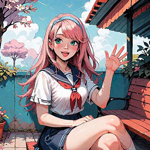Cheerful School Girl Waving Outdoors