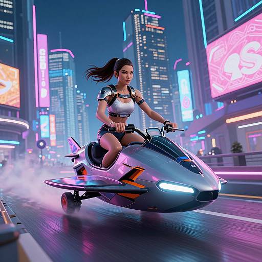 CGI image of a futuristic city at night, a confident woman with long dark hair in a white crop top and black shorts rides a neon-lit