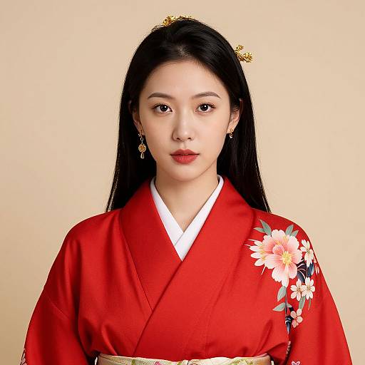 Asian Woman in Red Kimono with Crown