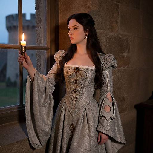 Photograph of a fair-skinned woman with long dark hair, wearing a silver Renaissance-style gown, holding a candle, standing by a stone window at