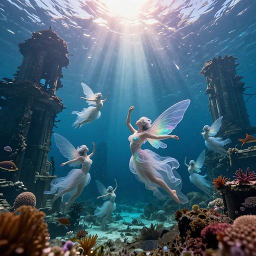 Photograph of ethereal, glowing fairy-like women with translucent wings, floating in an underwater ruins, illuminated by sun rays, surrounded by colorful coral and
