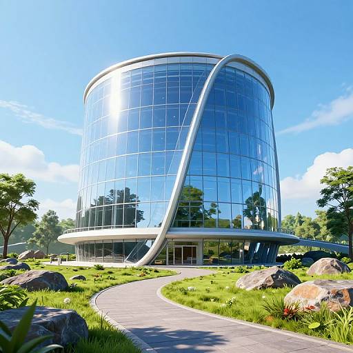 Photograph of a modern, cylindrical glass building with curved, reflective windows, set in a lush, green garden with large rocks and a winding path under