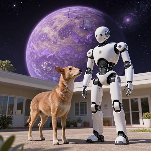 Photorealistic CGI: A brown dog gazes up at a white humanoid robot under a purple, glowing Earth in a starry night sky, standing