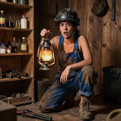 Crouching Woman in Dimly Lit Room