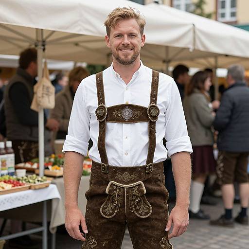 Photograph of a smiling, bearded man with light brown hair, wearing traditional Bavarian attire: white shirt and brown leather Lederhosen with
