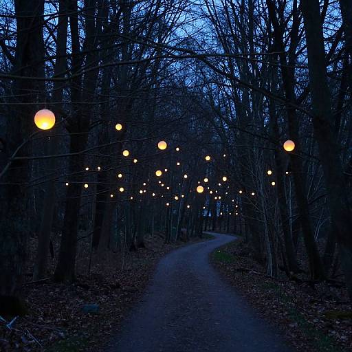 Photograph of a dark, wooded path at dusk, illuminated by rows of glowing yellow-orange string lights hanging overhead.