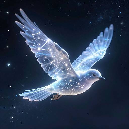 Digital artwork of a glowing white dove with constellation-like patterns on its wings, soaring against a starry night sky.