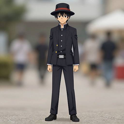 Anime-style drawing of a young boy in a black school uniform and hat, standing on a blurred, busy street.