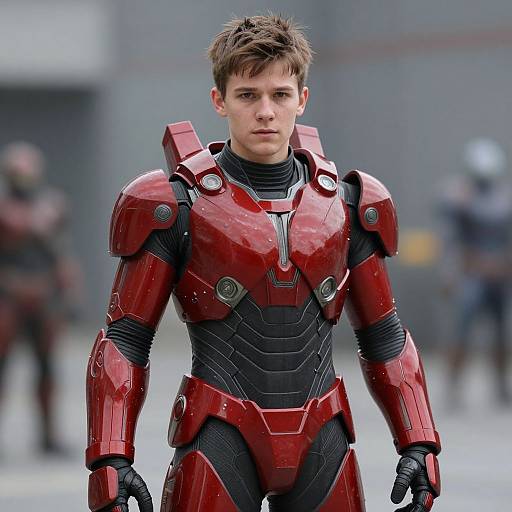 Photograph of a young man with short brown hair in a shiny red and black futuristic armor, standing confidently in a blurred industrial background.