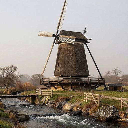Photograph of a traditional black windmill with large blades, standing by a flowing stream, surrounded by a rustic wooden fence and leafless trees in a