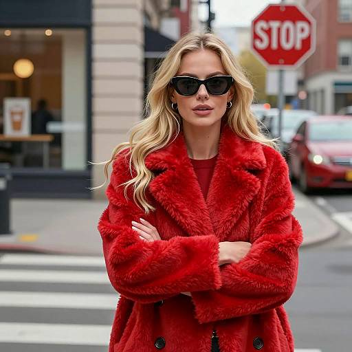 Blonde Woman in Red Coat Urban Scene