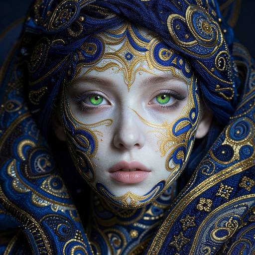 Photograph of a pale-skinned woman with striking green eyes, adorned in intricate blue and gold ornate headgear, featuring symmetrical gold patterns on