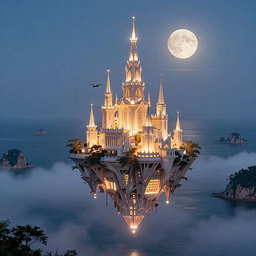 Photograph-style digital art of a glowing, ornate castle floating above a misty sea at night, with a full moon and bat in the blue