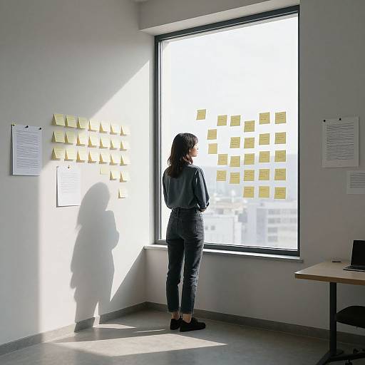 Photograph of a woman with dark hair, wearing a gray shirt and black pants, standing in a sunlit office, gazing at a large window